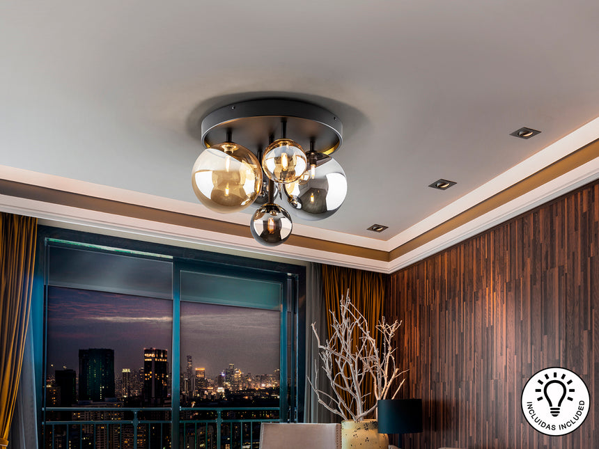 Plafón bolas Schuller Dark 5 luces negro y latón Ø45cm 