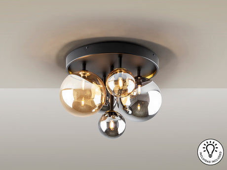 Plafón bolas Schuller Dark 5 luces negro y latón Ø45cm  - ambiente