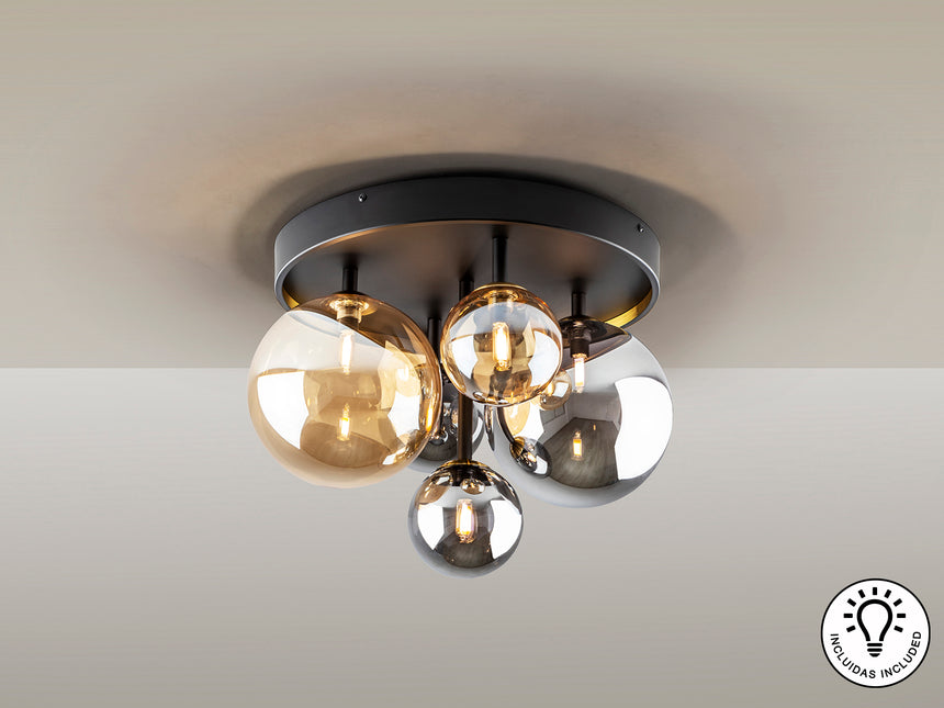 Plafón bolas Schuller Dark 5 luces negro y latón Ø45cm  - ambiente