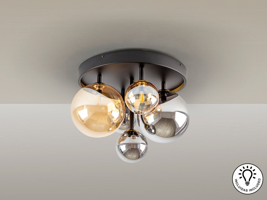 Plafón bolas Schuller Dark 5 luces negro y latón Ø45cm  - ambiente