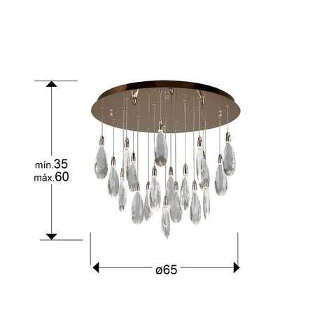 Lámpara de techo colgante Schuller Lágrimas 19 luces oro rosa acero CCT con mando Ø65cm dimensiones