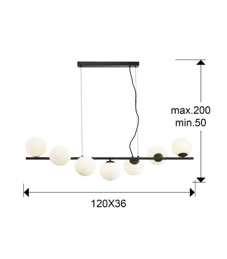 Lámpara de techo colgante bolas Schuller Inoa 7 luces negro y ácido opal dimensiones