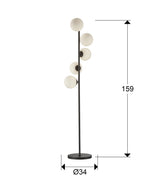 Lámpara de pie de salón bolas Schuller Inoa 5 luces negro y ácido opal 159cm dimensiones