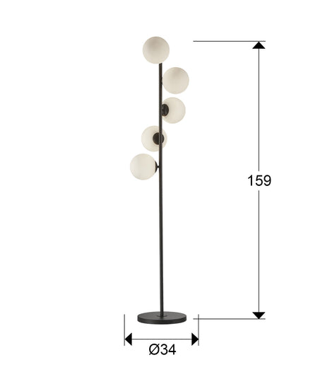 Lámpara de pie de salón bolas Schuller Inoa 5 luces negro y ácido opal 159cm dimensiones