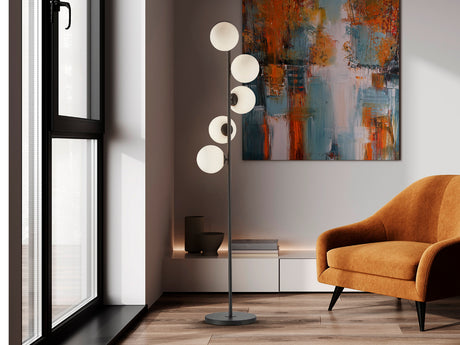 Lámpara de pie de salón bolas Schuller Inoa 5 luces negro y ácido opal 159cm 494528