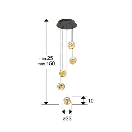 Lámpara de techo colgante Schuller Zaria 5 luces negro y bronce 3000K regulable Ø33cm dimensiones