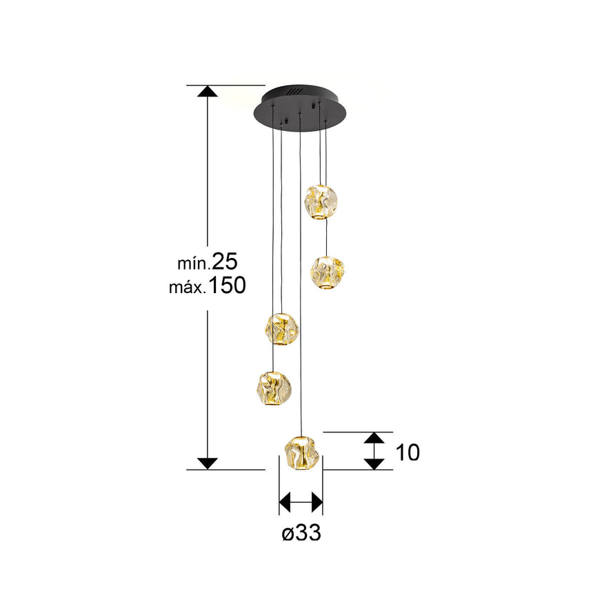 Lámpara de techo colgante Schuller Zaria 5 luces negro y bronce 3000K regulable Ø33cm dimensiones