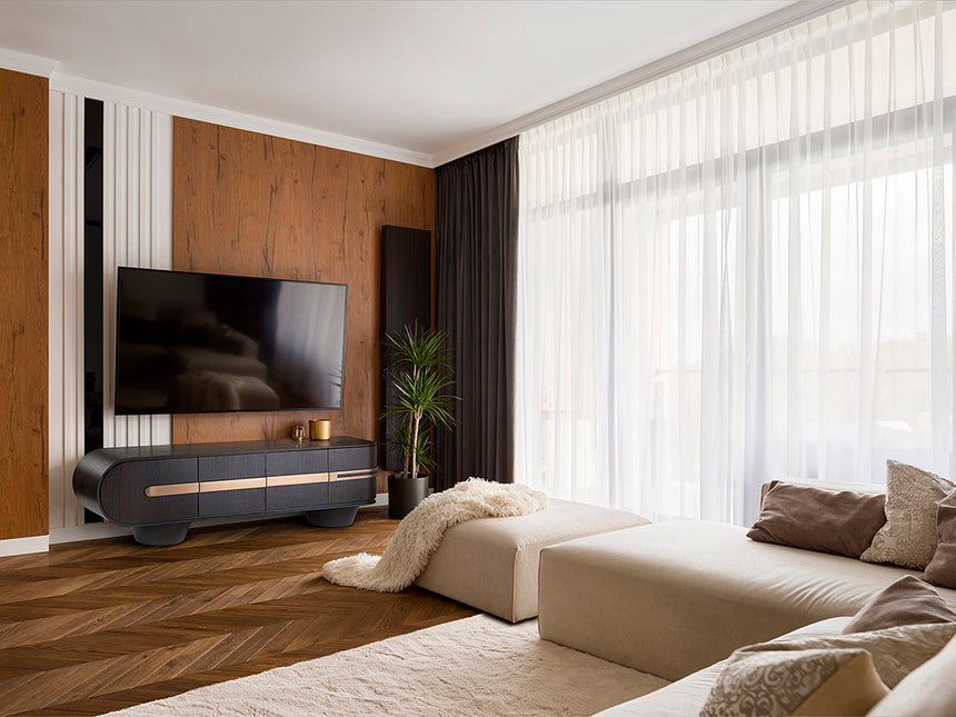 Mueble TV Schuller Luca roble y oro rosa acero 200x56cm 505345