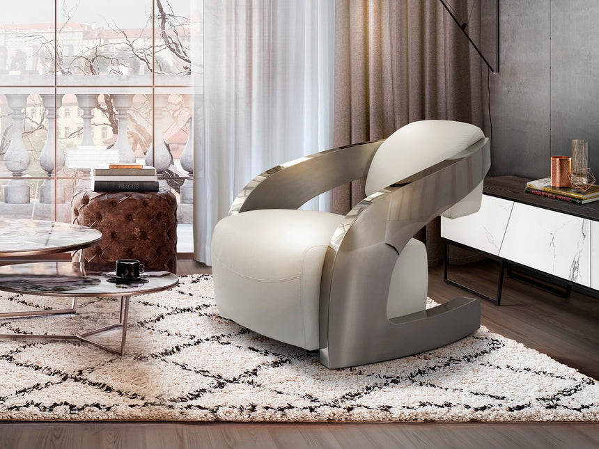 Sillón Schuller Amanda acero pulido y blanco piel y 85x