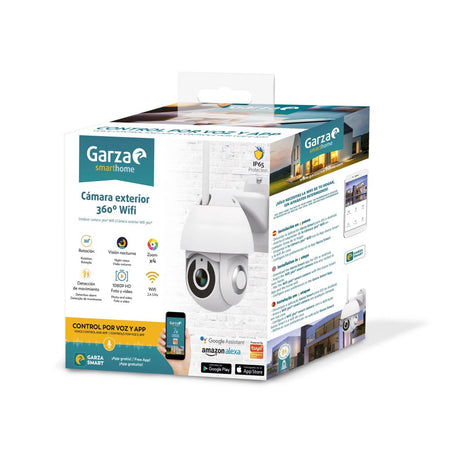 Garza Smarthome Cámara Exterior Wifi Inteligente 360 seguridad, HD 1080p, visión nocturna y zoom, control por voz y app, Alexa