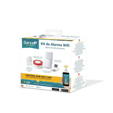 Garza Smarthome Kit de Alarma Wifi inteligente hogar, sirena 120 dB, sensor movimiento y puertas-ventanas, control remoto y voz