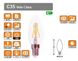 RSR Bombilla Led Vela Clara C35 E14 5W 2700K Dimmable