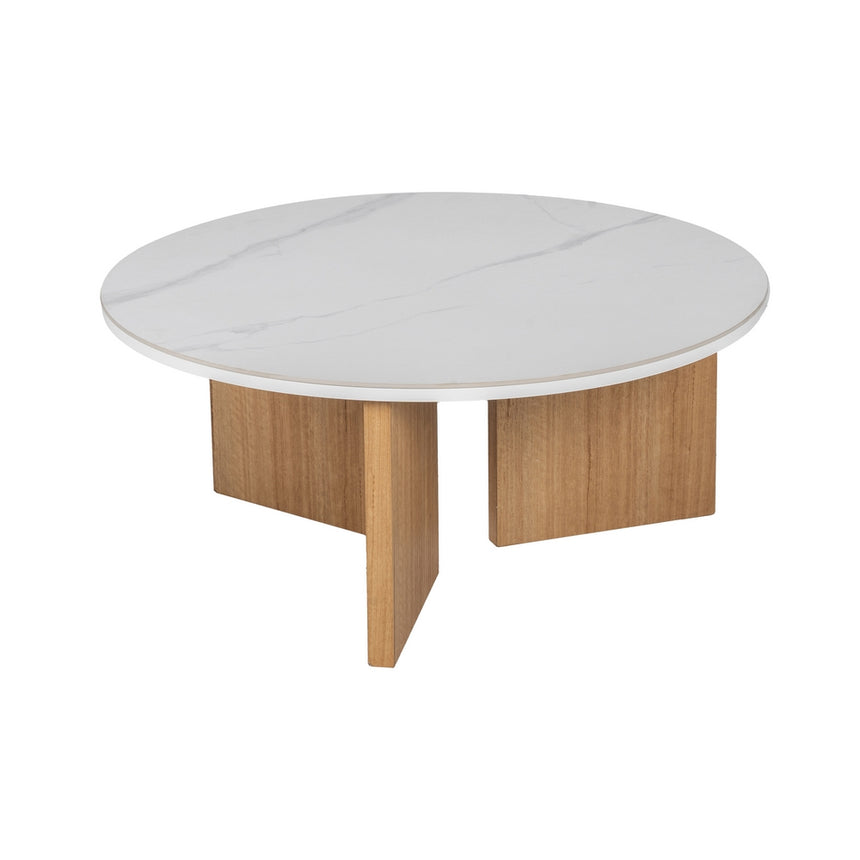 Mesa de centro de metal y cerámica en blanco y tono natural 80x80x35 cm