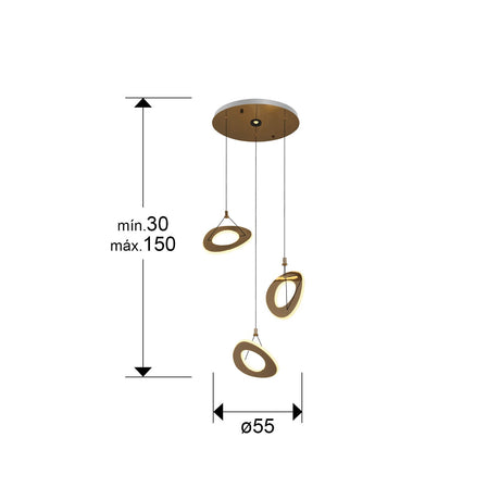 Lámpara de techo colgante Schuller Mirena 3 luces oro rosa acero 2700K Ø55cm dimensiones