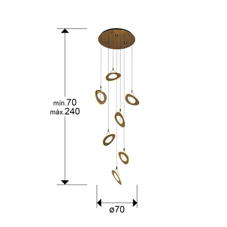 Lámpara de techo colgante Schuller Mirena 7 luces oro rosa acero 2700K Ø75cm dimensiones