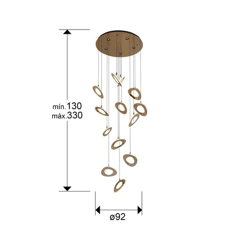 Lámpara de techo colgante Schuller Mirena grande 13 luces oro rosa acero 2700K dimensiones