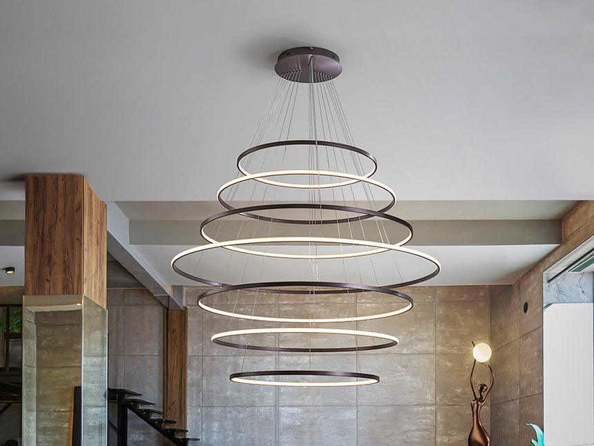 Lámpara de techo colgante de 7 aros Schuller Odessa grande bronce oscuro CCT con mando 718059