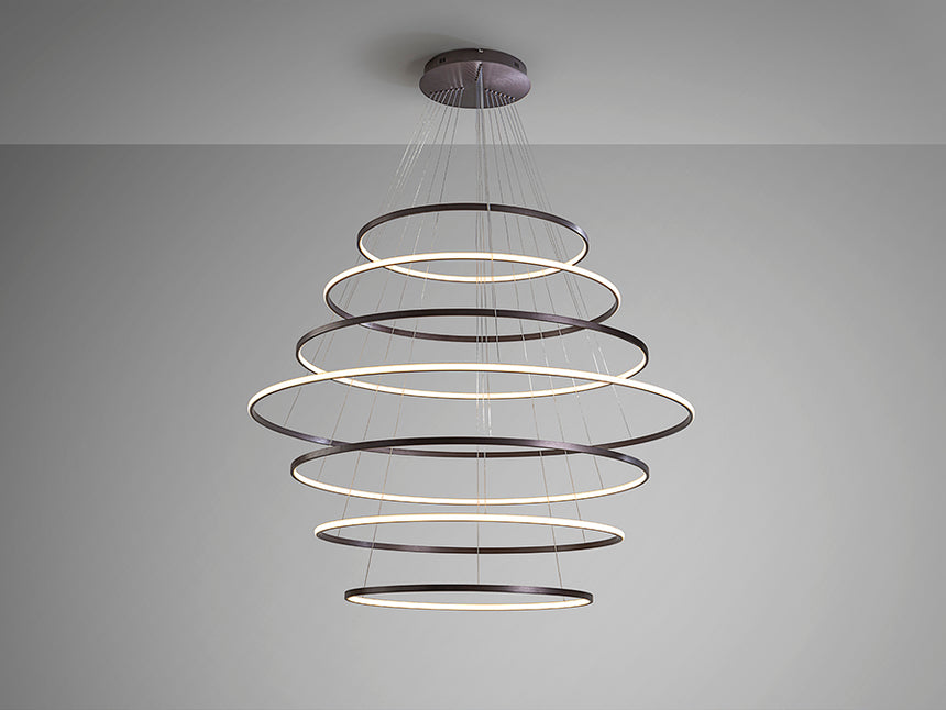 Lámpara de techo colgante de 7 aros Schuller Odessa grande bronce oscuro CCT con mando 718059