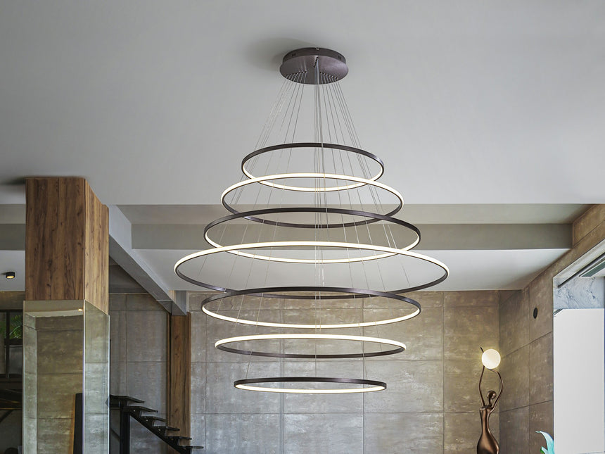 Lámpara de techo colgante de 7 aros Schuller Odessa grande bronce oscuro CCT con mando 718059