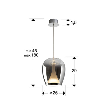 Lámpara de techo colgante Schuller Suspiro cromo y smoke degradado cristal soplado 3000K 724517 dimensiones
