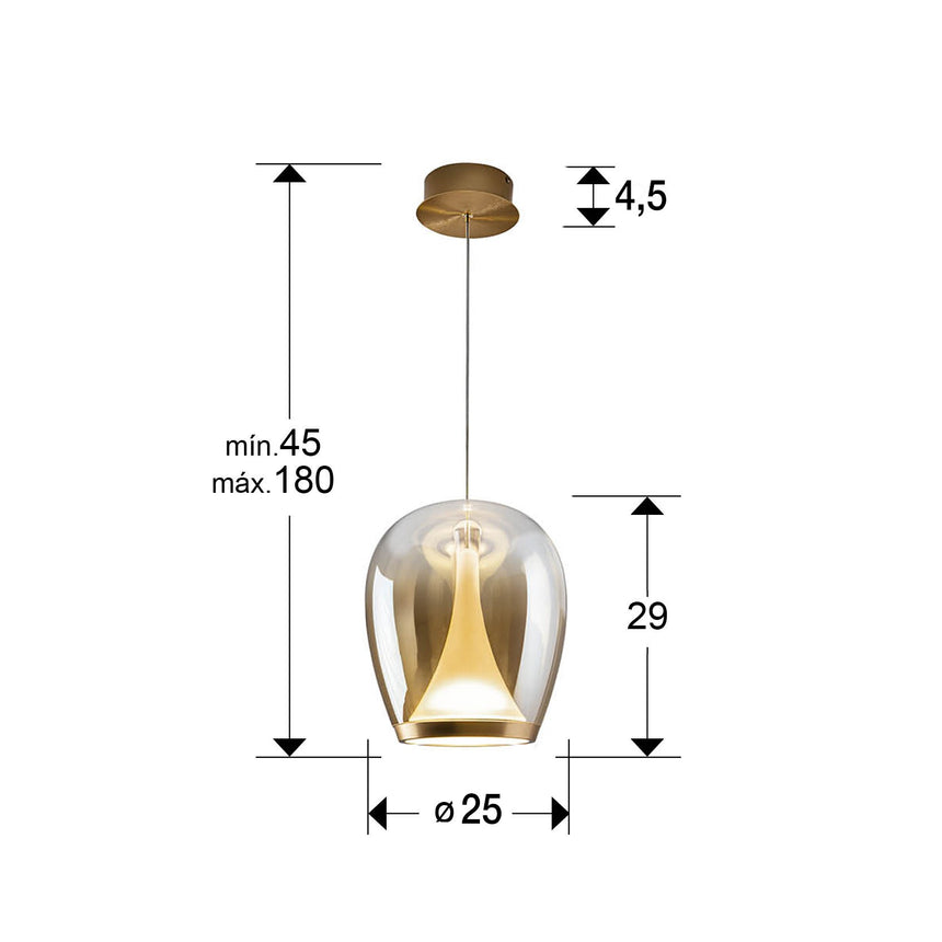 Lámpara de techo colgante Schuller Suspiro oro y ambar degradado cristal soplado 3000K dimensiones