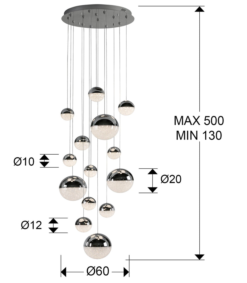Lámpara de techo colgante bolas Schuller Sphere grande 14 luces cromo 3000K regulable 793269GD dimensiones