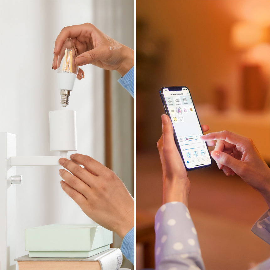 Bombilla de filamento Philips WiZ transparente C35 4,9W E14 470lm 372061