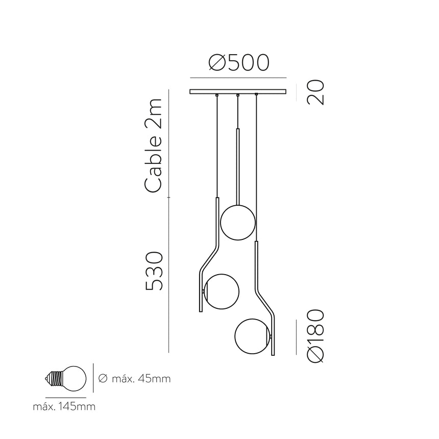 ACB Maui Colgante 8163/3 Opal/Negro Mate, LED E27 3x15W, CL.I, (E27 max. Ø45 mm) C81633N