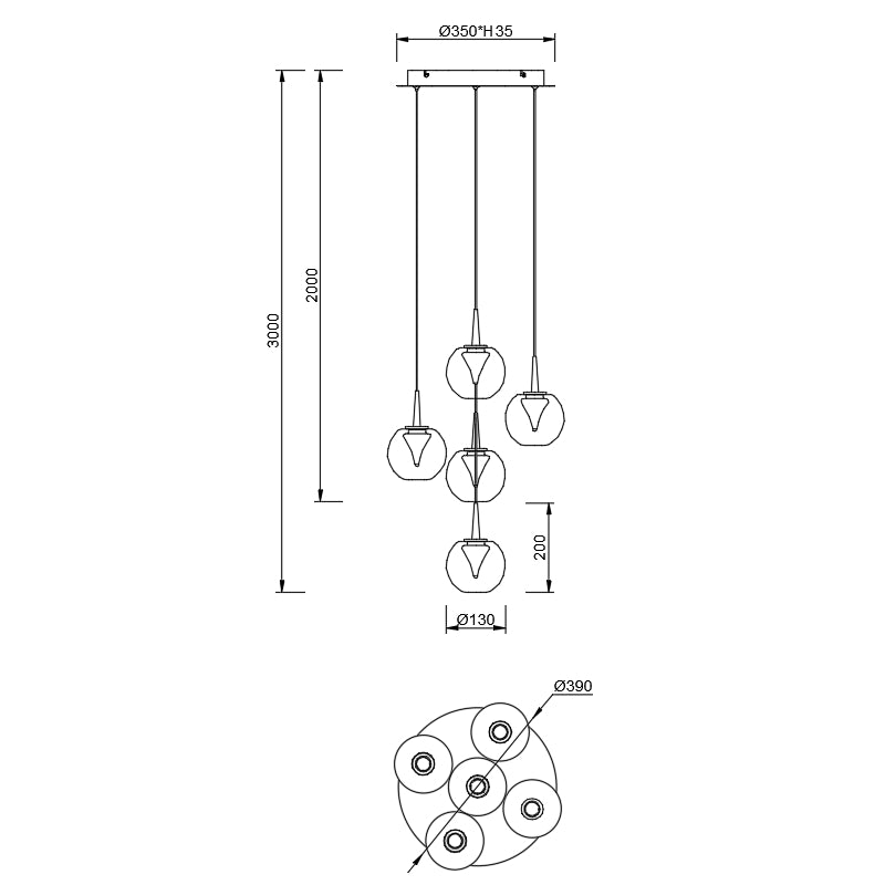 Plano de medidas - Mantra Andromeda Lámpara de techo colgante oro Ø39cm 9080