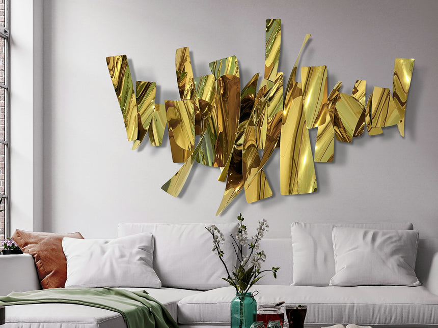 Escultura de pared Schuller Fracture dorado brillo acero inoxidable 110cm 997218