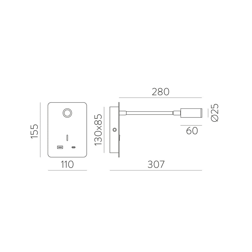 ACB Senda Wall Light 16/3835 Textured Black, LED 3W 3000K 285lm, CRI90, With switch, Adjustable, With USB, WITH USBC A3835001N