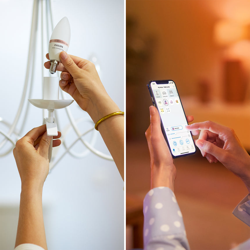 Bombilla LED Vela Philips WiZ C37 4,9W E14 2700K 470lm 372382