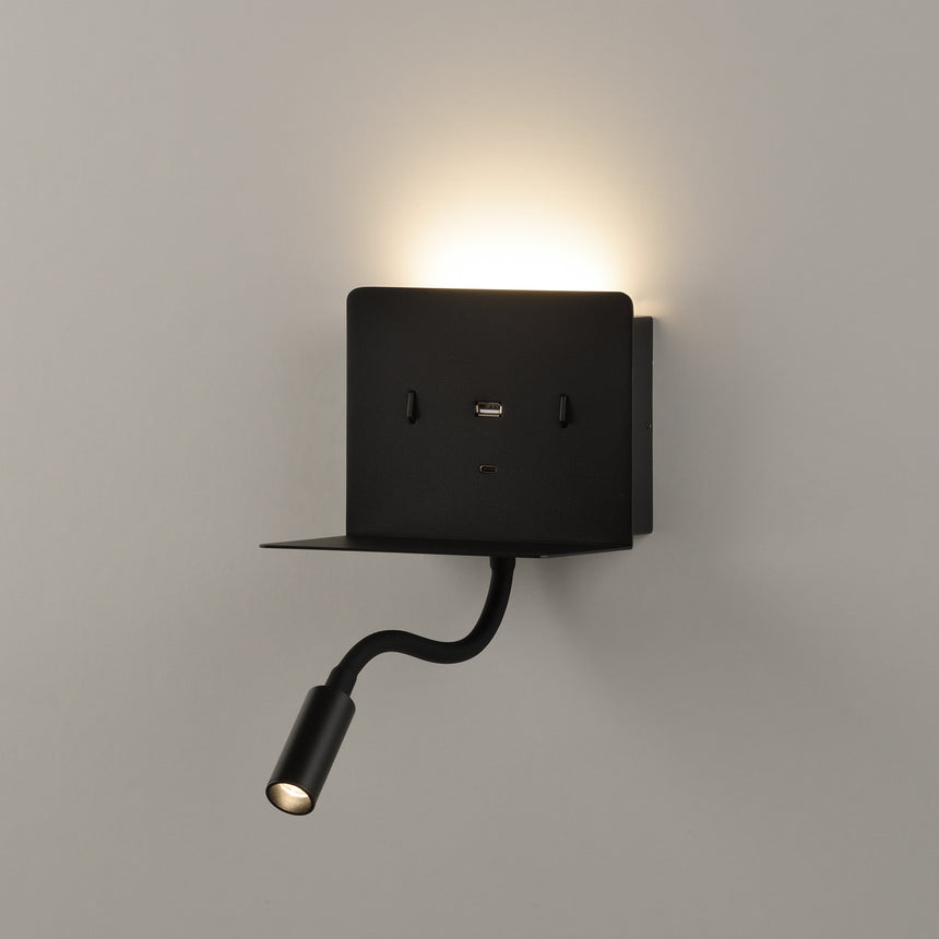 ACB Calma Aplique 16/3836 Negro Texturado, LED 6W 3000K 630lm + 3W 3000K 285lm, CRI90 , Dos interruptores, Orientable, Con USB, CON USBC A3836001N