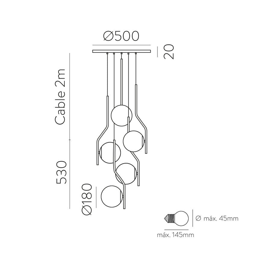 ACB Maui Colgante 8163/5 Opal/Negro Mate, LED E27 5x15W, CL.I, (E27 max. Ø45 mm) C816352N