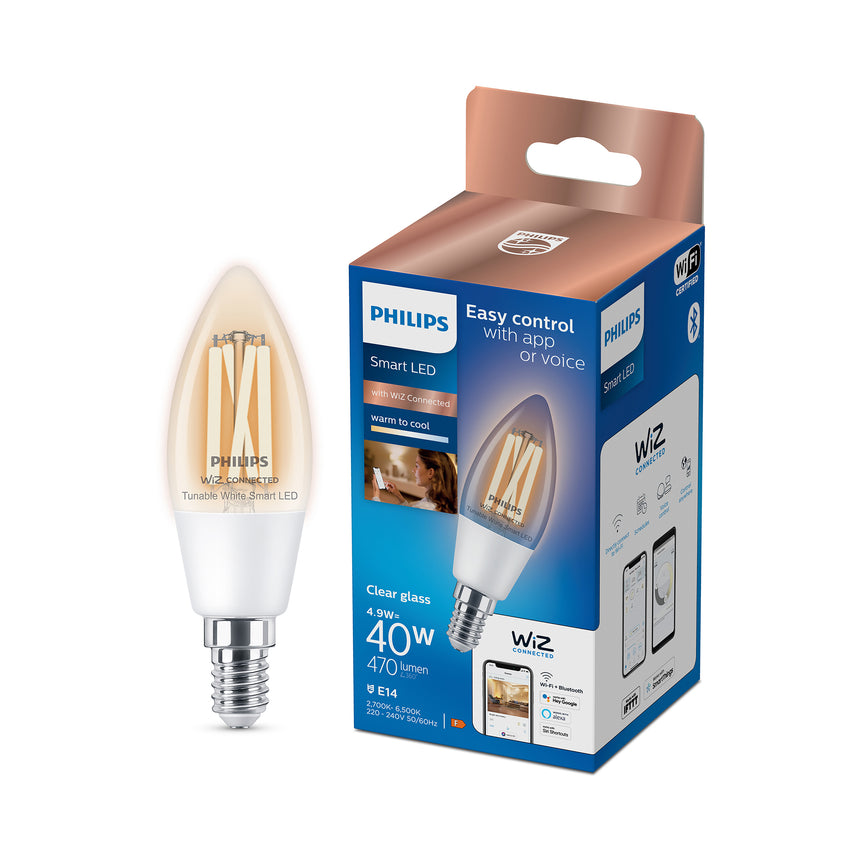 Bombilla de filamento Philips WiZ transparente C35 4,9W E14 470lm 372061