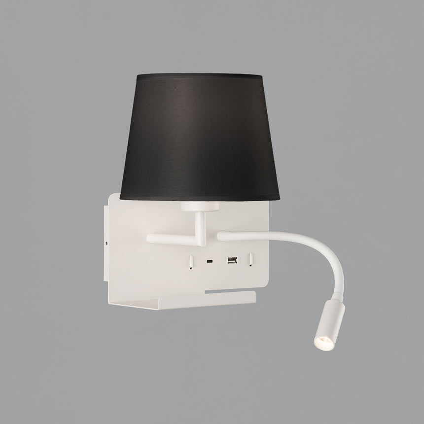 ACB Hold Aplique 16/3664 Blanco texturado, Pan. Negra, LED 3W 3000K 285lm + LED E27 15W, CRI90 , Dos interruptores, Orientable, Con USB, CON USBC A3664182BIZQ