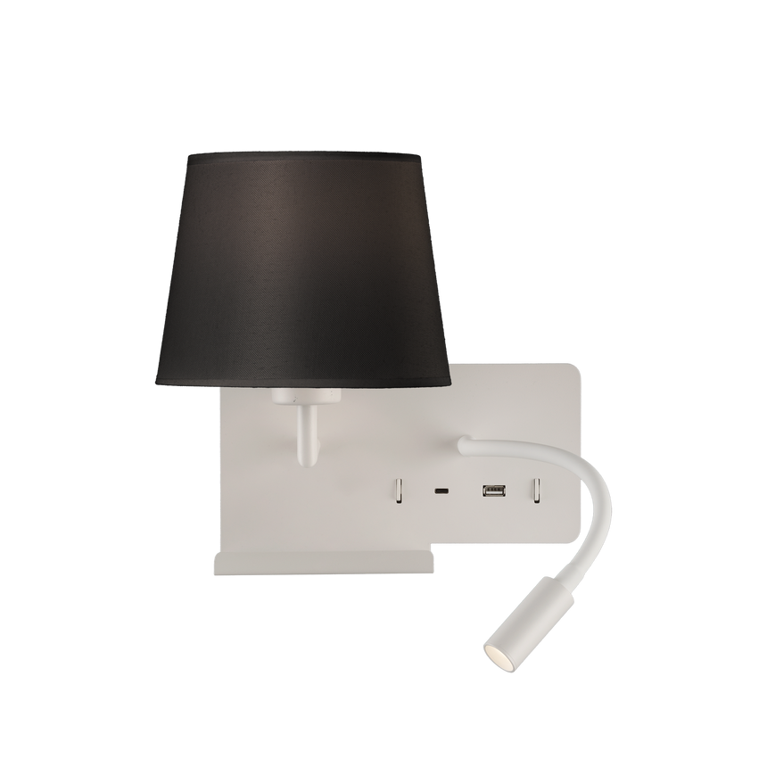 ACB Hold Aplique 16/3664 Blanco texturado, Pan. Negra, LED 3W 3000K 285lm + LED E27 15W, CRI90 , Dos interruptores, Orientable, Con USB, CON USBC A3664182BIZQ