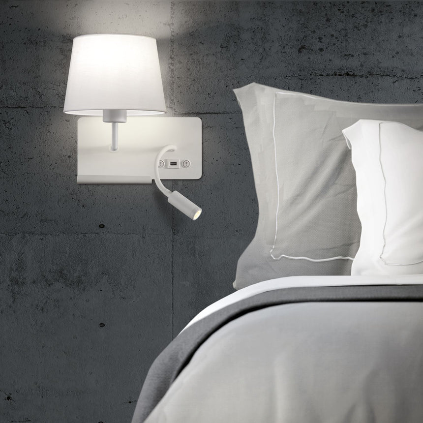 ACB Hold Aplique 16/3664 Blanco texturado, Pan. Blanca, LED 3W 3000K 285lm + LED E27 15W, CRI90 , Dos interruptores, Orientable, Con USB, CON USBC A3664181BIZQ