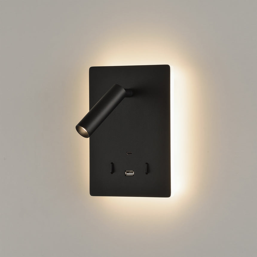 ACB Manat Aplique 16/3568 Negro Texturado, LED 12W 3000K 970lm + 3W 3000K 285lm, CRI90 , Dos interruptores, Orientable, Con USB, CON USBC A3568001N