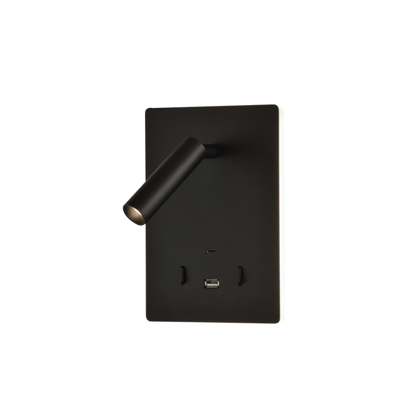 ACB Manat Aplique 16/3568 Negro Texturado, LED 12W 3000K 970lm + 3W 3000K 285lm, CRI90 , Dos interruptores, Orientable, Con USB, CON USBC A3568001N