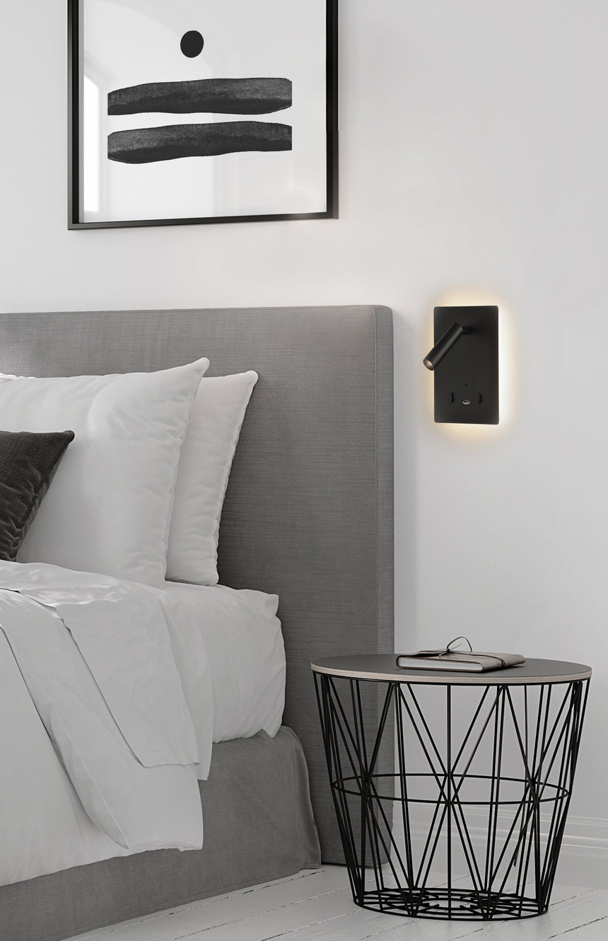 ACB Manat Aplique 16/3568 Negro Texturado, LED 12W 3000K 970lm + 3W 3000K 285lm, CRI90 , Dos interruptores, Orientable, Con USB, CON USBC A3568001N