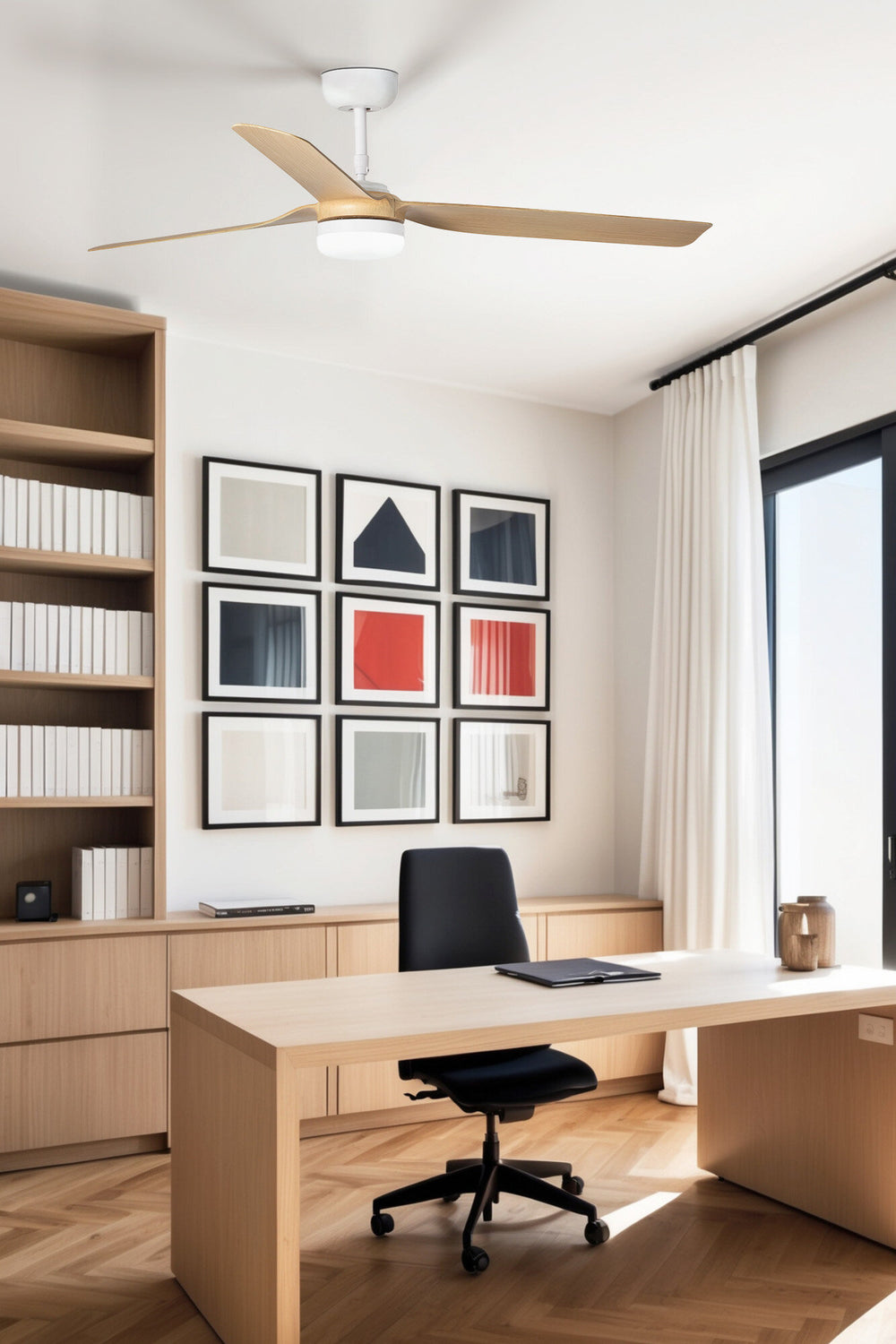 Faro PUNT M LED Ventilador de techo blanco/madera clara con motor DC 33816-20