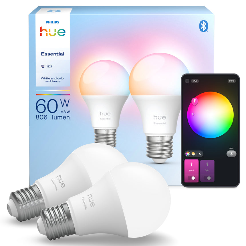 Philips Hue White and Color Ambiance Bombilla Essential RGBW E27 8W 806lm (2 uds) 8720169392243