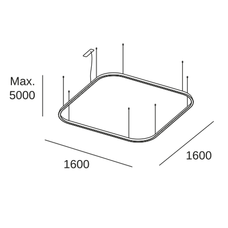 Lámpara de techo colgante LedsC4 Geometric Square Recessed 1600x1600mm grande QS5X-00V9AZDU05 — plano técnico con dimensiones