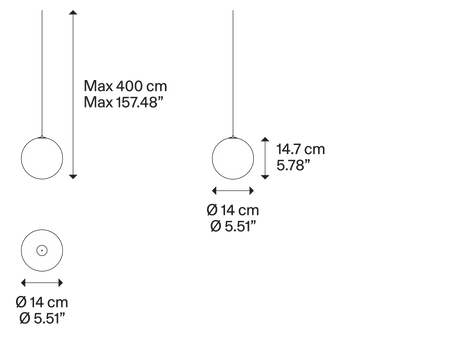 Plano oficial Lodes Random Solo 14: diámetro 14 cm, altura del difusor 14,7 cm y suspensión máxima 400 cm