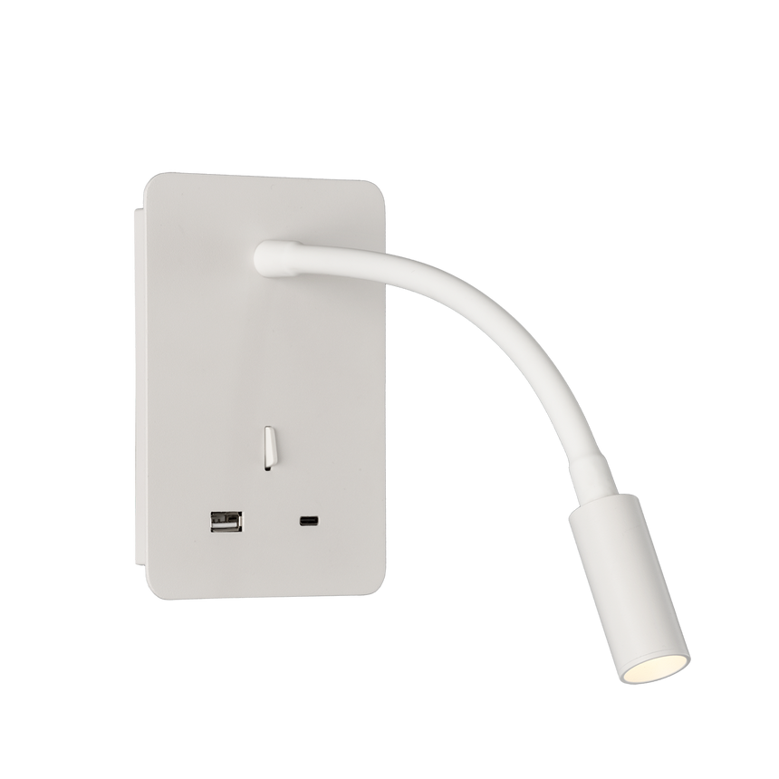 ACB Senda Aplique 16/3835 Blanco texturado, LED 3W 3000K 285lm, CRI90 , Con interruptor, Orientable, Con USB, CON USBC A3835001B