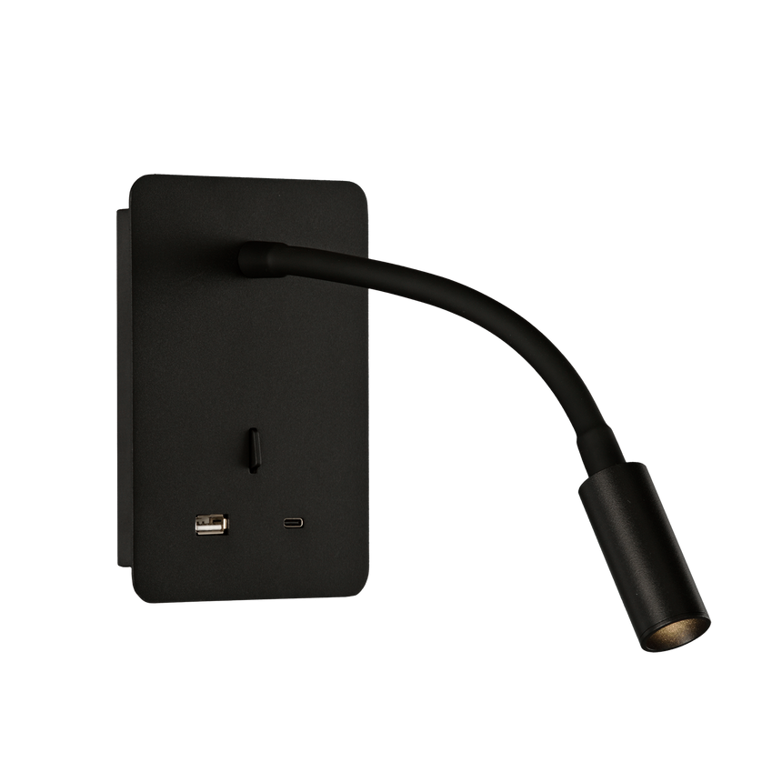 ACB Senda Wall Light 16/3835 Textured Black, LED 3W 3000K 285lm, CRI90, With switch, Adjustable, With USB, WITH USBC A3835001N