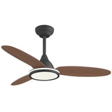 Ventilador Mahon de AJP en negro y madera oscura, con tres palas y luz circular