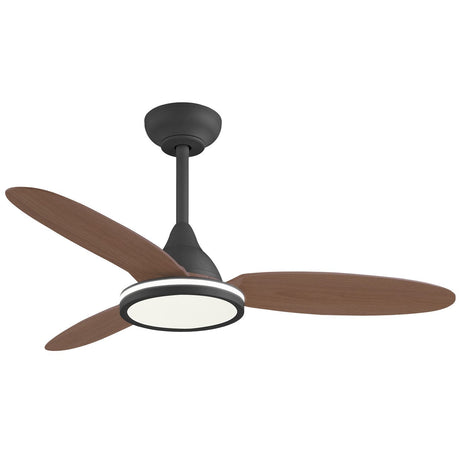 Ventilador Mahon de AJP en negro y madera oscura, con tres palas y luz circular