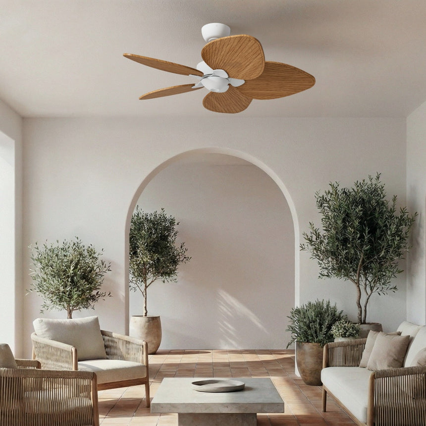 Ventilador de techo con luz Sulion Alma LED madera blanco apto exterior CCT IP44 6W 2309583